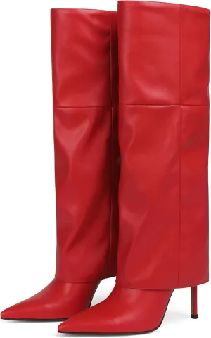 Oiamenne Women's Fold Over Boots Knee High Boots for Women Pointed Toe Stiletto Heel Long Boots Sexy Tall Boots Slip On Fall Winter boots