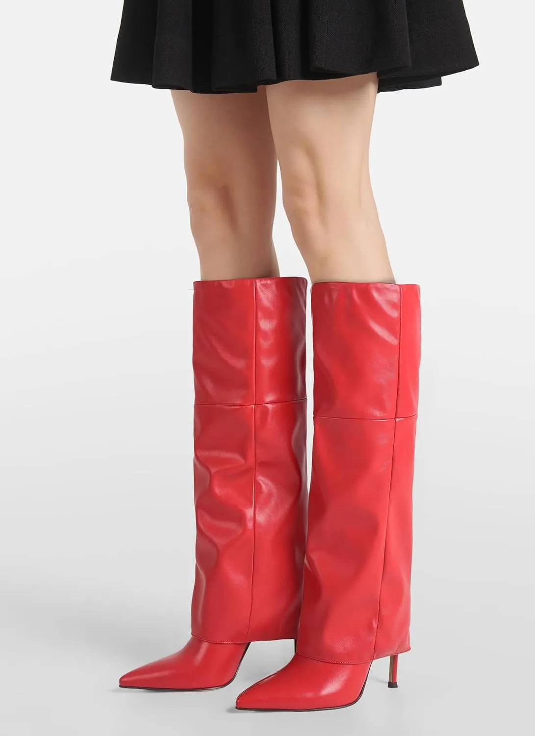 Oiamenne Women's Fold Over Boots Knee High Boots for Women Pointed Toe Stiletto Heel Long Boots Sexy Tall Boots Slip On Fall Winter boots