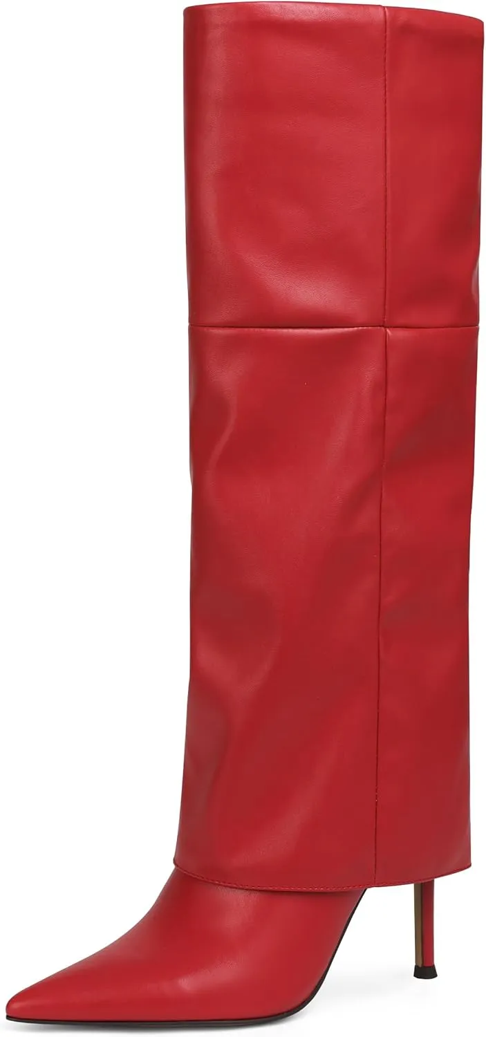 Oiamenne Women's Fold Over Boots Knee High Boots for Women Pointed Toe Stiletto Heel Long Boots Sexy Tall Boots Slip On Fall Winter boots