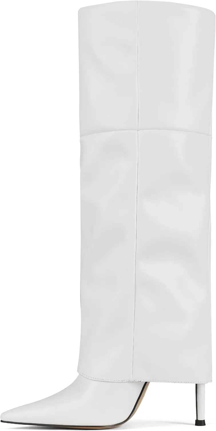 Oiamenne Women's Fold Over Boots Knee High Boots for Women Pointed Toe Stiletto Heel Long Boots Sexy Tall Boots Slip On Fall Winter boots