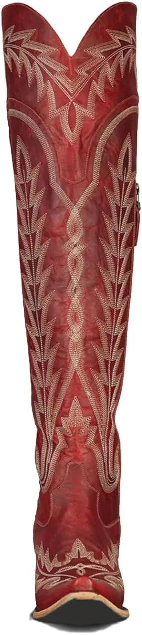 olomisa Over the Knee Cowboy Boots for Women Embroidery Cowgirl Boots Chunky Heel Side Zipper Boots Thigh High Western Boots