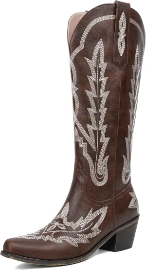 olomisa Over the Knee Cowboy Boots for Women Embroidery Cowgirl Boots Chunky Heel Side Zipper Boots Thigh High Western Boots