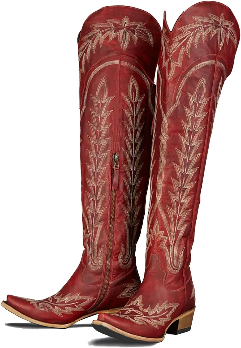 olomisa Over the Knee Cowboy Boots for Women Embroidery Cowgirl Boots Chunky Heel Side Zipper Boots Thigh High Western Boots
