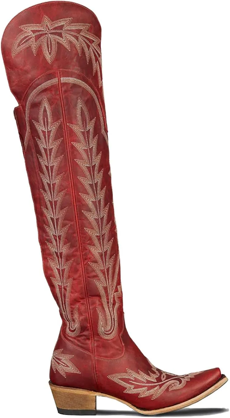 olomisa Over the Knee Cowboy Boots for Women Embroidery Cowgirl Boots Chunky Heel Side Zipper Boots Thigh High Western Boots