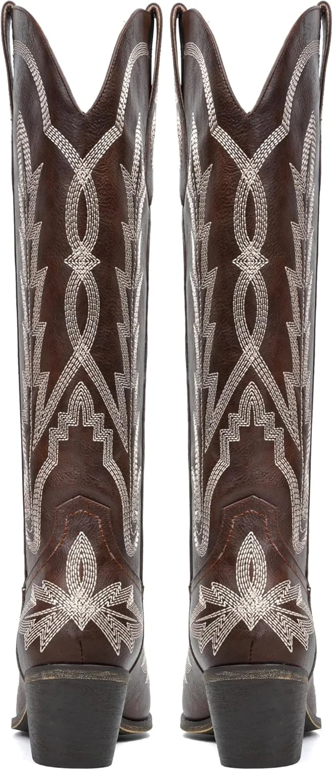 olomisa Over the Knee Cowboy Boots for Women Embroidery Cowgirl Boots Chunky Heel Side Zipper Boots Thigh High Western Boots