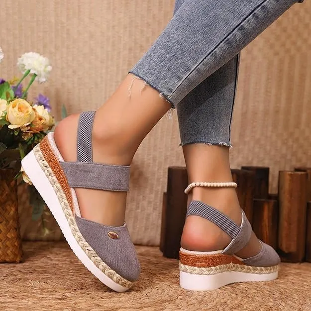 Orthopedic Platform Wedge Sandals for Women Summer Dressy，Elastic Ankle Strap Closed Toe Sandals Anti Slip Beach Sandals Comfortable Outdoor Shoes