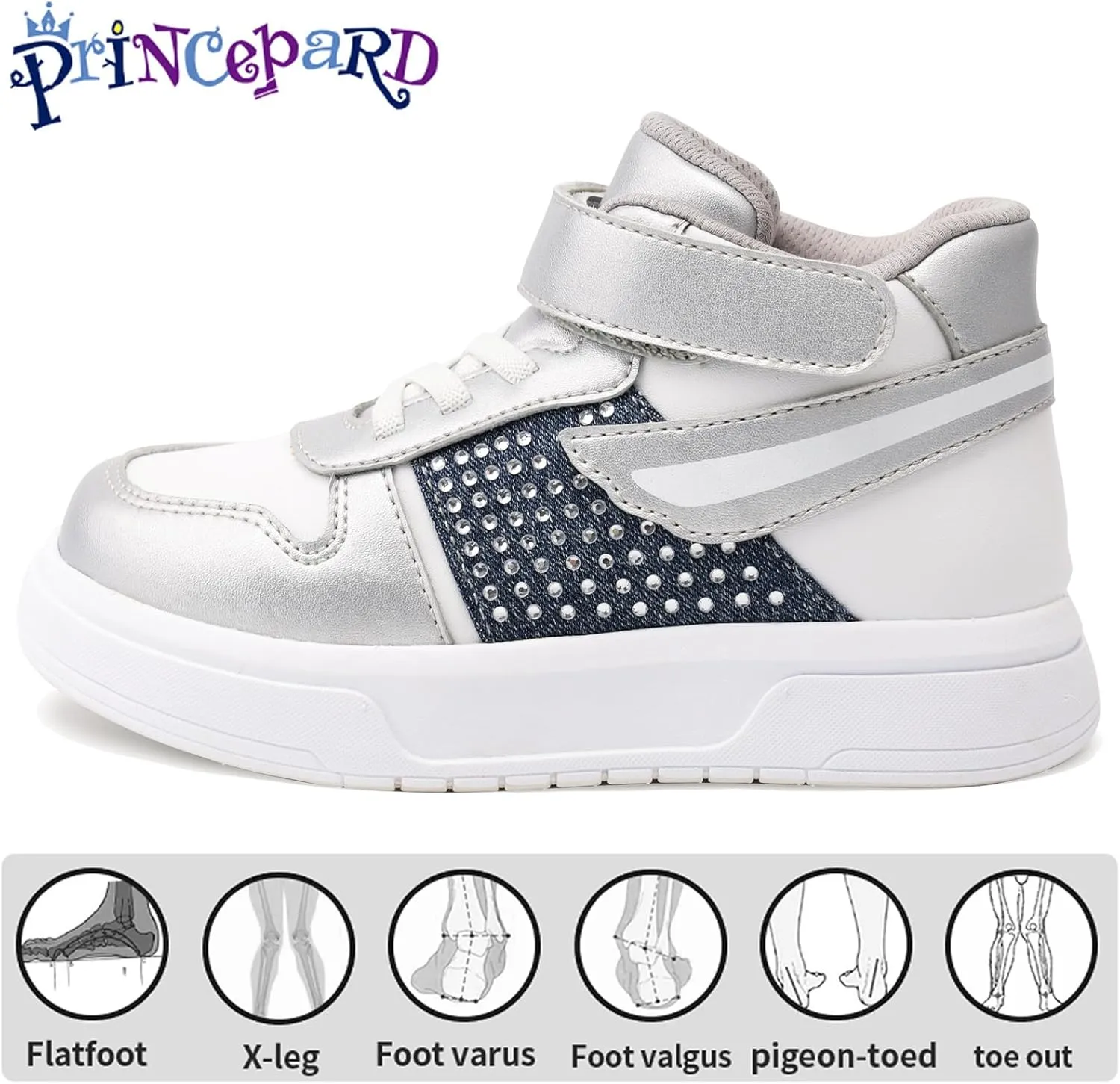 Orthopedic Shoes for Girls with Ankle and Arch Support,Fashion Thick Sole Sneakers with Silver Decoration