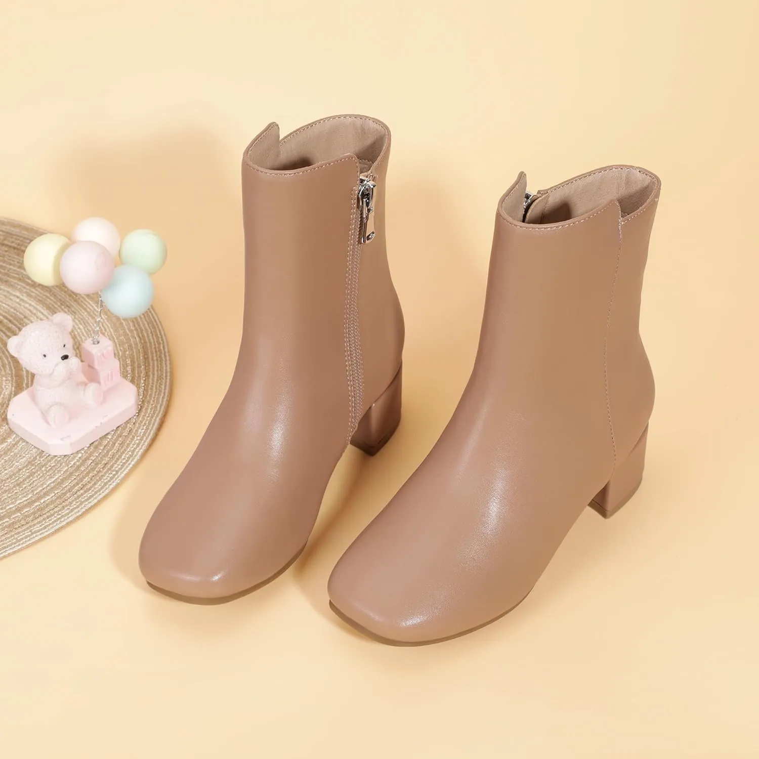PANDANINJIA Alyssa Girls Fashion Boots Square-Toe Dress Boots Low Heel Ankle Booties with Zipper for Toddler Little Kids Big Kids