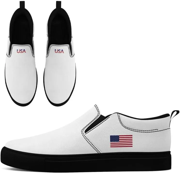 Patriotic Slip-On Canvas Shoes for Men & Women – American Flag Print Low Top Sneakers – Comfortable Everyday Casual Footwear for 5th of July, Veterans Day, and Daily Wear White Black Sole
