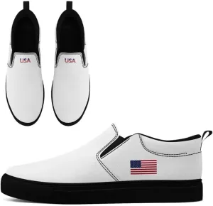 Patriotic Slip-On Canvas Shoes for Men & Women – American Flag Print Low Top Sneakers – Comfortable Everyday Casual Footwear for 5th of July, Veterans Day, and Daily Wear White Black Sole
