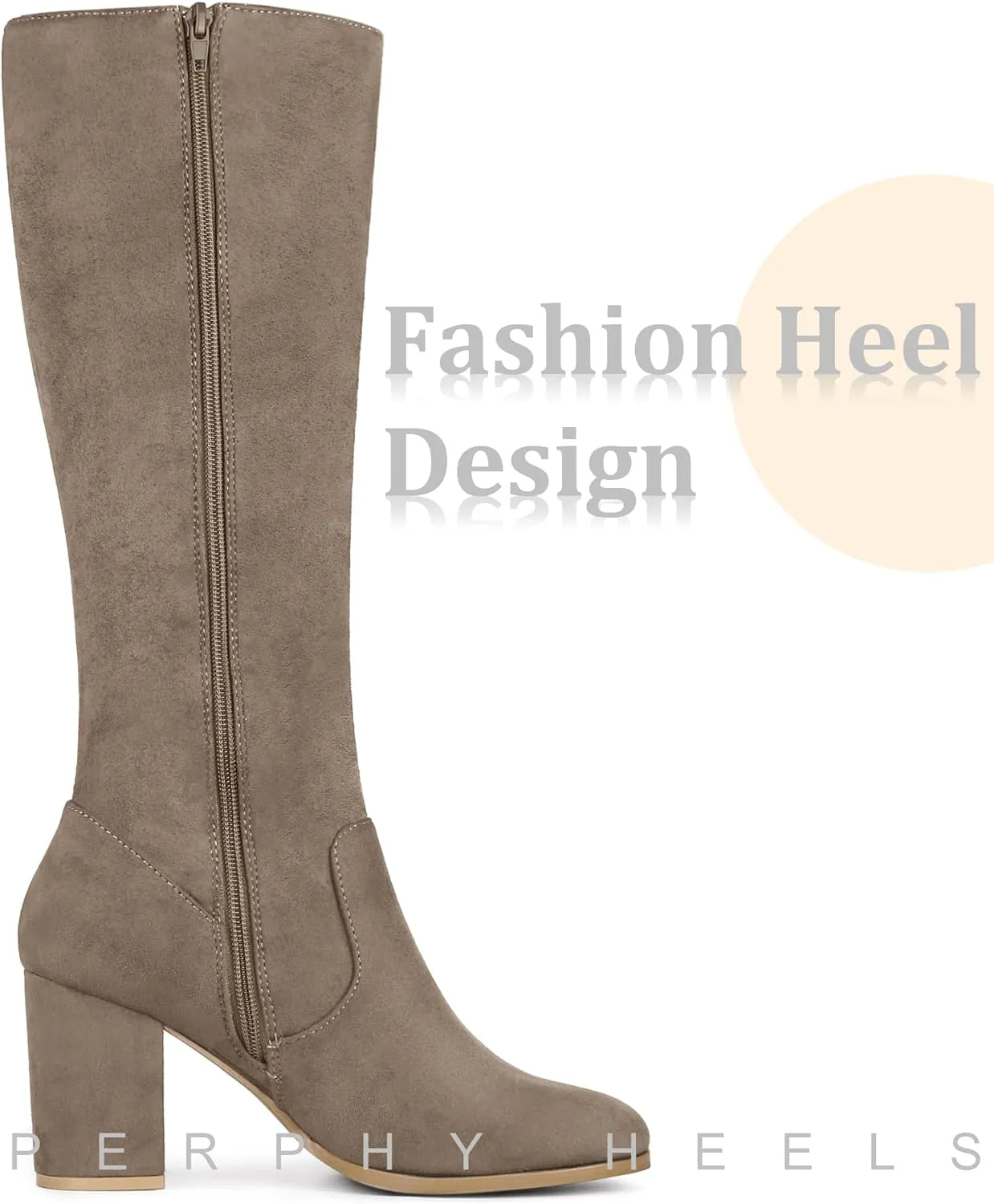 Perphy Round Toe Chunky Heels Knee High Boots for Women