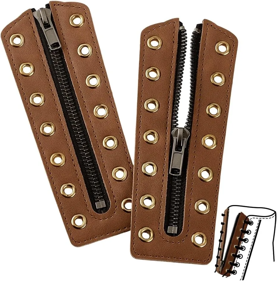 PH PandaHall 2pcs Leather Lace-In Boot Zipper Inserts 6.3x2.3 Inch Cowhide Shoe Laces Zippers 7 Eyelets Tieless Shoe Laces for Adults No-Tie Shoelaces for Shoes Repair DIY, Camel