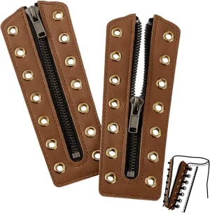 PH PandaHall 2pcs Leather Lace-In Boot Zipper Inserts 6.3x2.3 Inch Cowhide Shoe Laces Zippers 7 Eyelets Tieless Shoe Laces for Adults No-Tie Shoelaces for Shoes Repair DIY, Camel