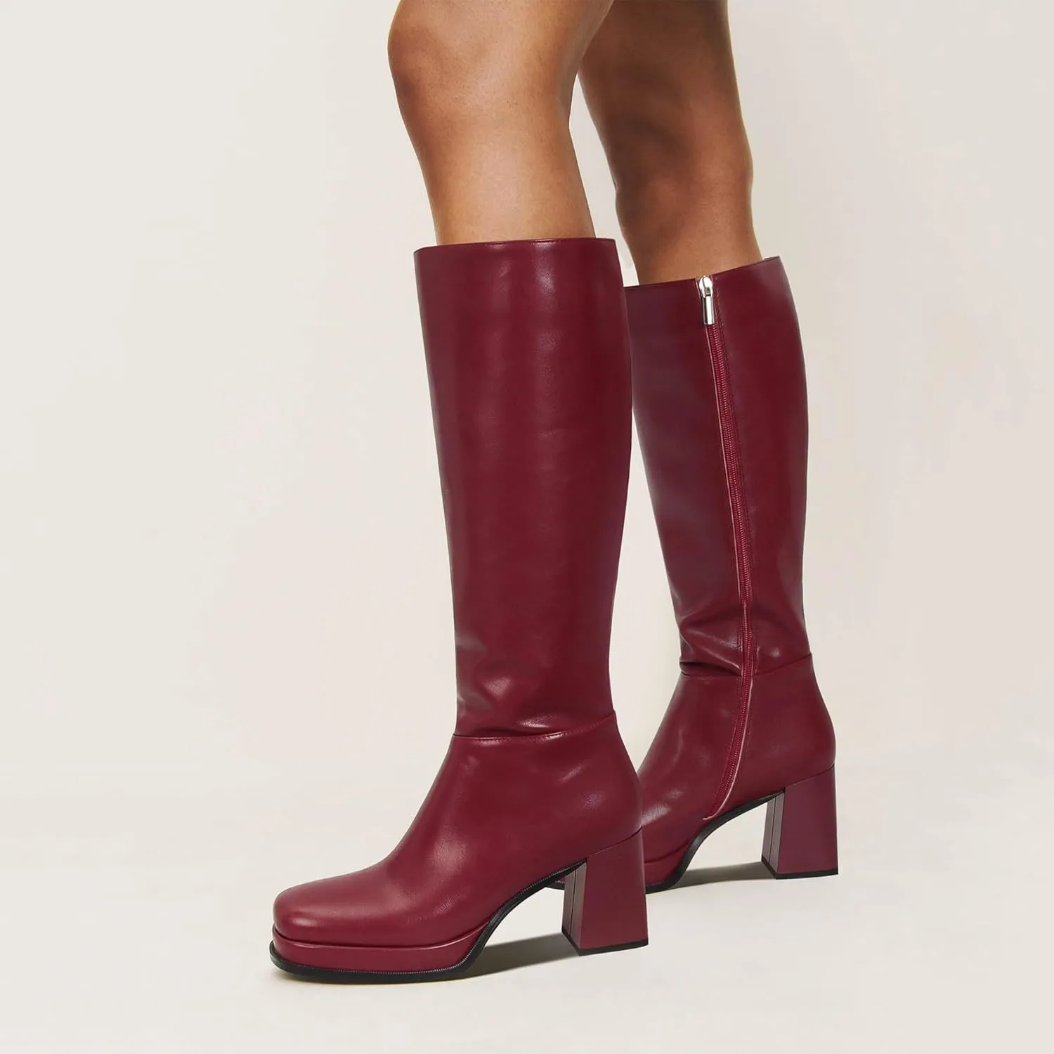 Platform Knee High Boots for Women Leather Square Toe Knee High Boots Chunky Heel Gogo Boots Side Zipper Tall Boots