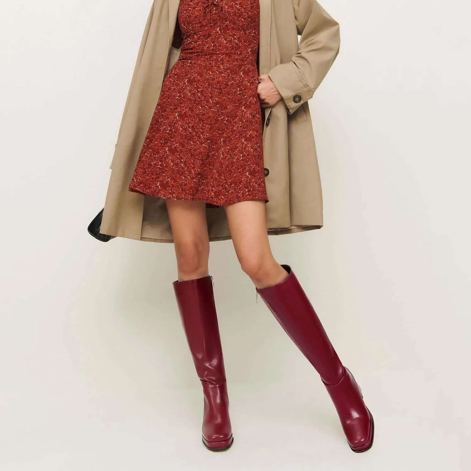 Platform Knee High Boots for Women Leather Square Toe Knee High Boots Chunky Heel Gogo Boots Side Zipper Tall Boots