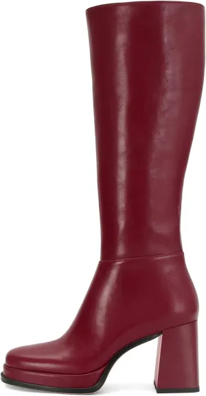 Platform Knee High Boots for Women Leather Square Toe Knee High Boots Chunky Heel Gogo Boots Side Zipper Tall Boots