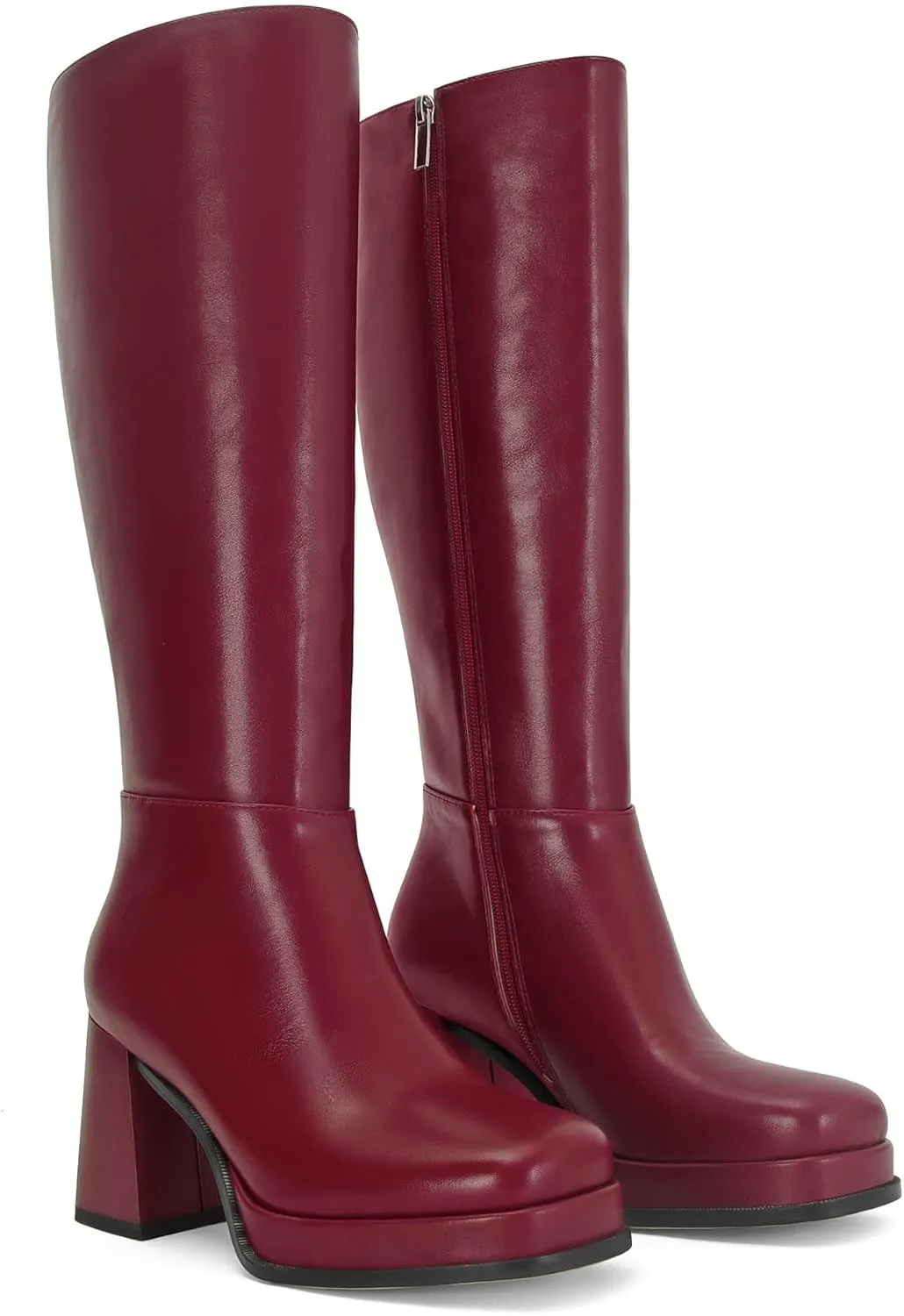 Platform Knee High Boots for Women Leather Square Toe Knee High Boots Chunky Heel Gogo Boots Side Zipper Tall Boots
