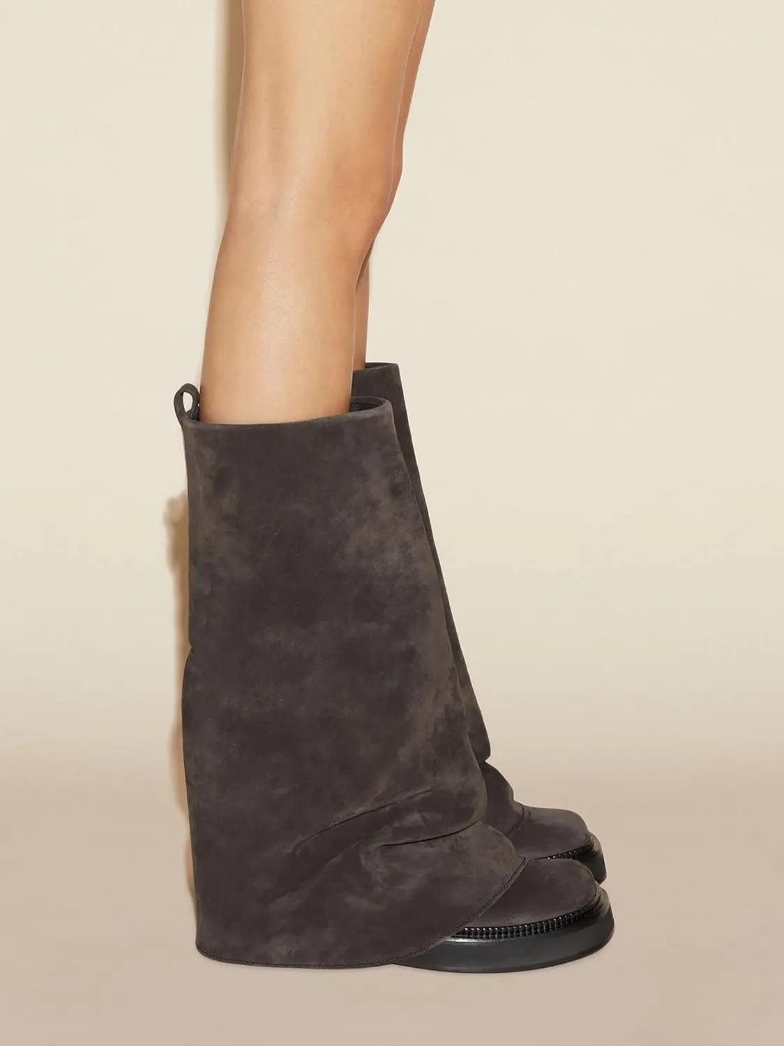 Platform Mid-Low Heel Calf Boots for Women - Round Toe Cowgirl Pull-On Chunky Booties for Wide Calf