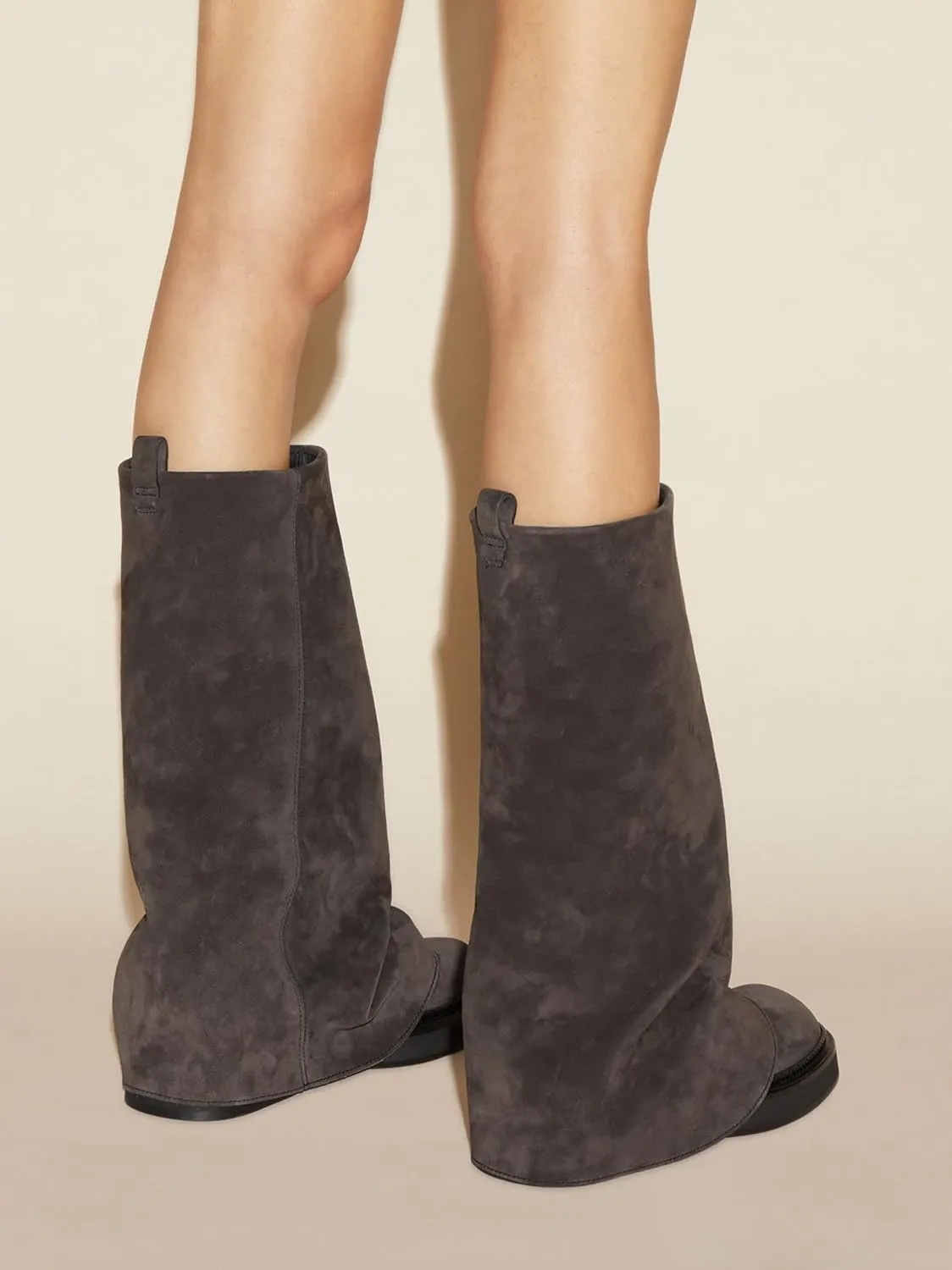 Platform Mid-Low Heel Calf Boots for Women - Round Toe Cowgirl Pull-On Chunky Booties for Wide Calf