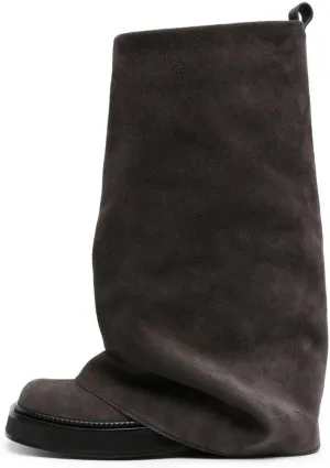 Platform Mid-Low Heel Calf Boots for Women - Round Toe Cowgirl Pull-On Chunky Booties for Wide Calf