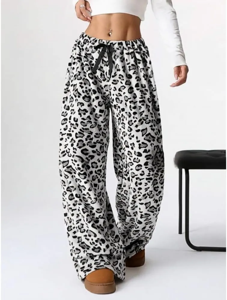 Plush Casual Pants in Spring and Summer, Leopard-Print Pants and Wide-Leg Pants