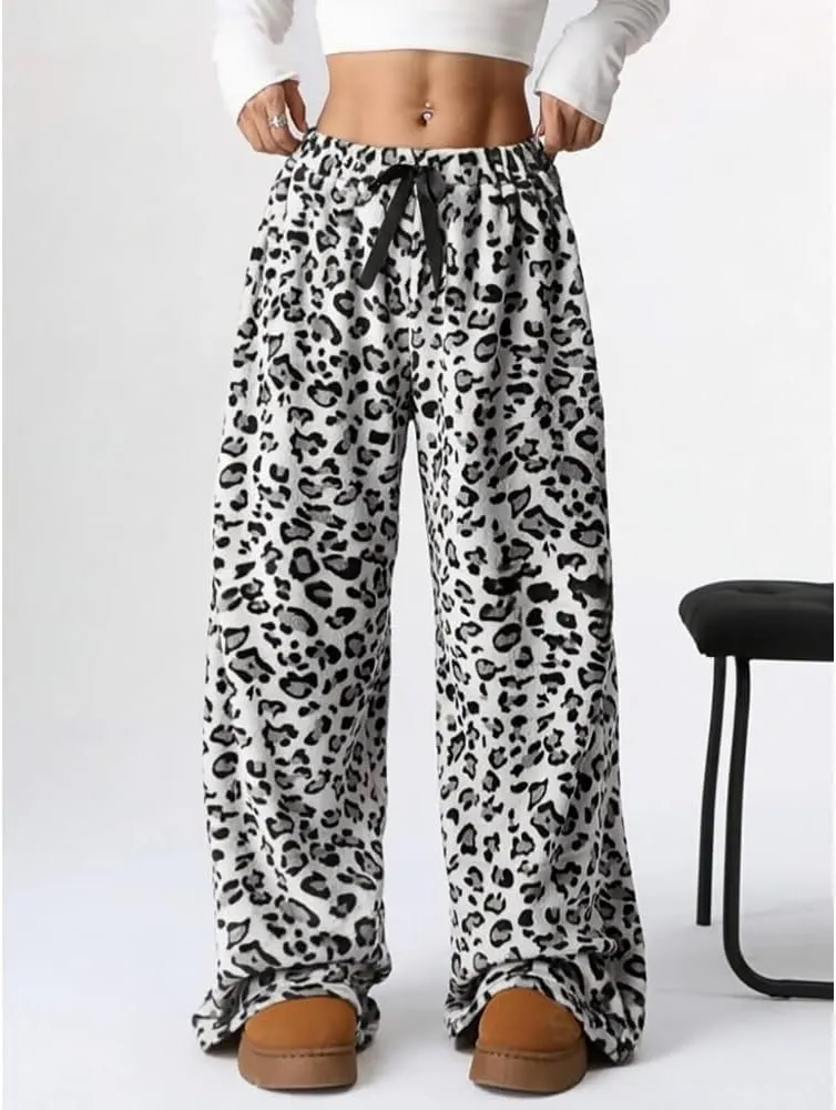 Plush Casual Pants in Spring and Summer, Leopard-Print Pants and Wide-Leg Pants