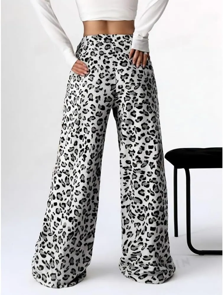 Plush Casual Pants in Spring and Summer, Leopard-Print Pants and Wide-Leg Pants
