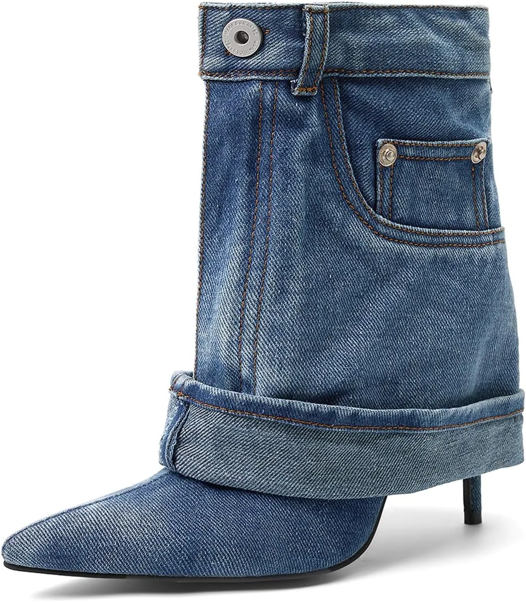 Pointed Toe Fine Stiletto High Heel Ankle Denim Booties for women Fold Over Ankle Short Jean Boots Fashion Women's Shoes