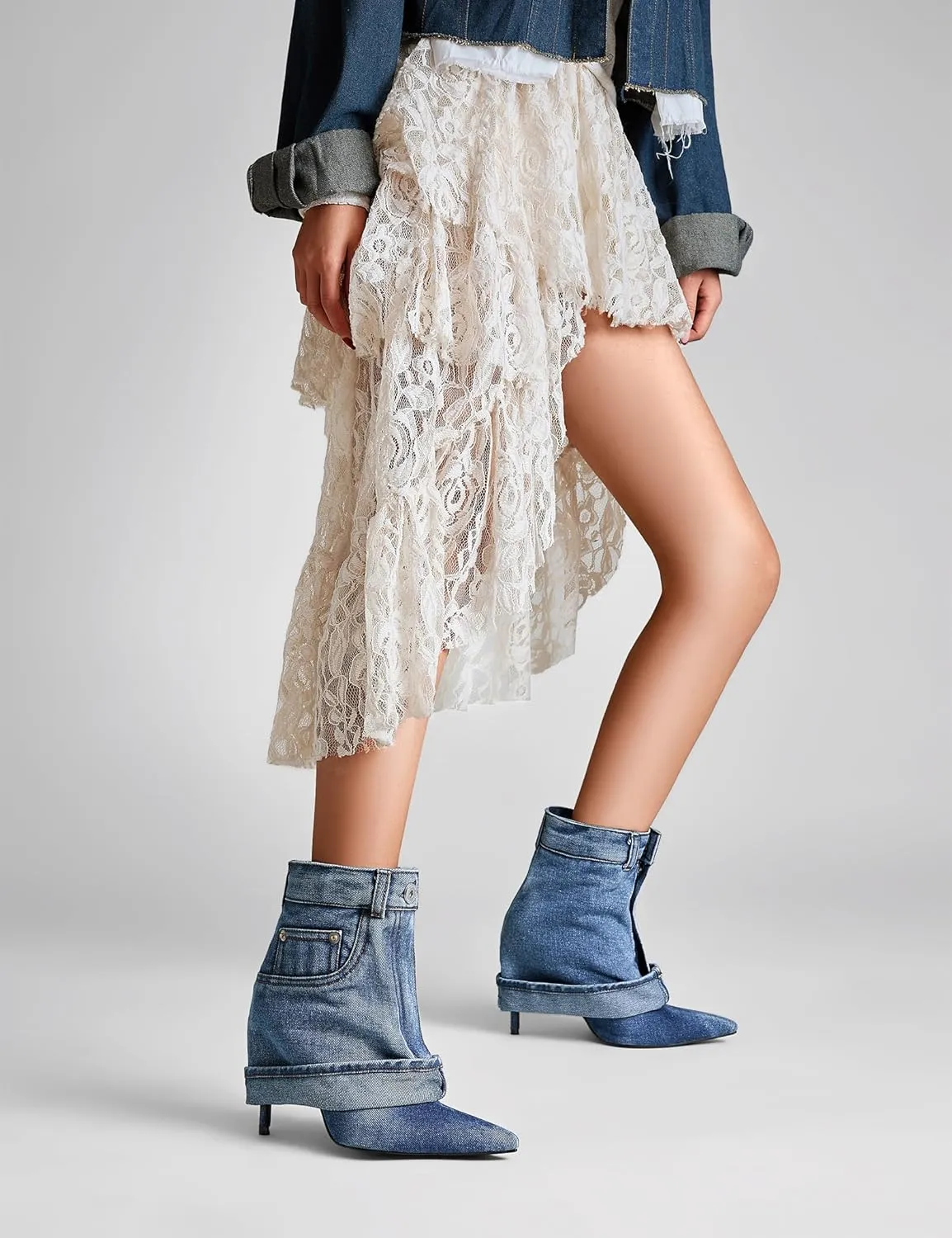 Pointed Toe Fine Stiletto High Heel Ankle Denim Booties for women Fold Over Ankle Short Jean Boots Fashion Women's Shoes