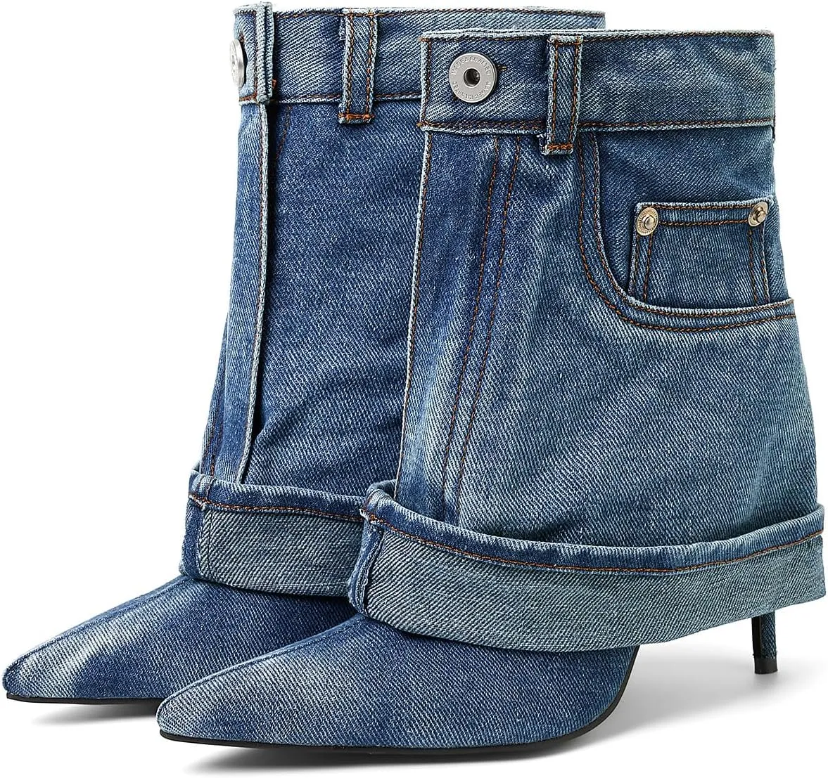 Pointed Toe Fine Stiletto High Heel Ankle Denim Booties for women Fold Over Ankle Short Jean Boots Fashion Women's Shoes