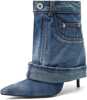Pointed Toe Fine Stiletto High Heel Ankle Denim Booties for women Fold Over Ankle Short Jean Boots Fashion Women's Shoes