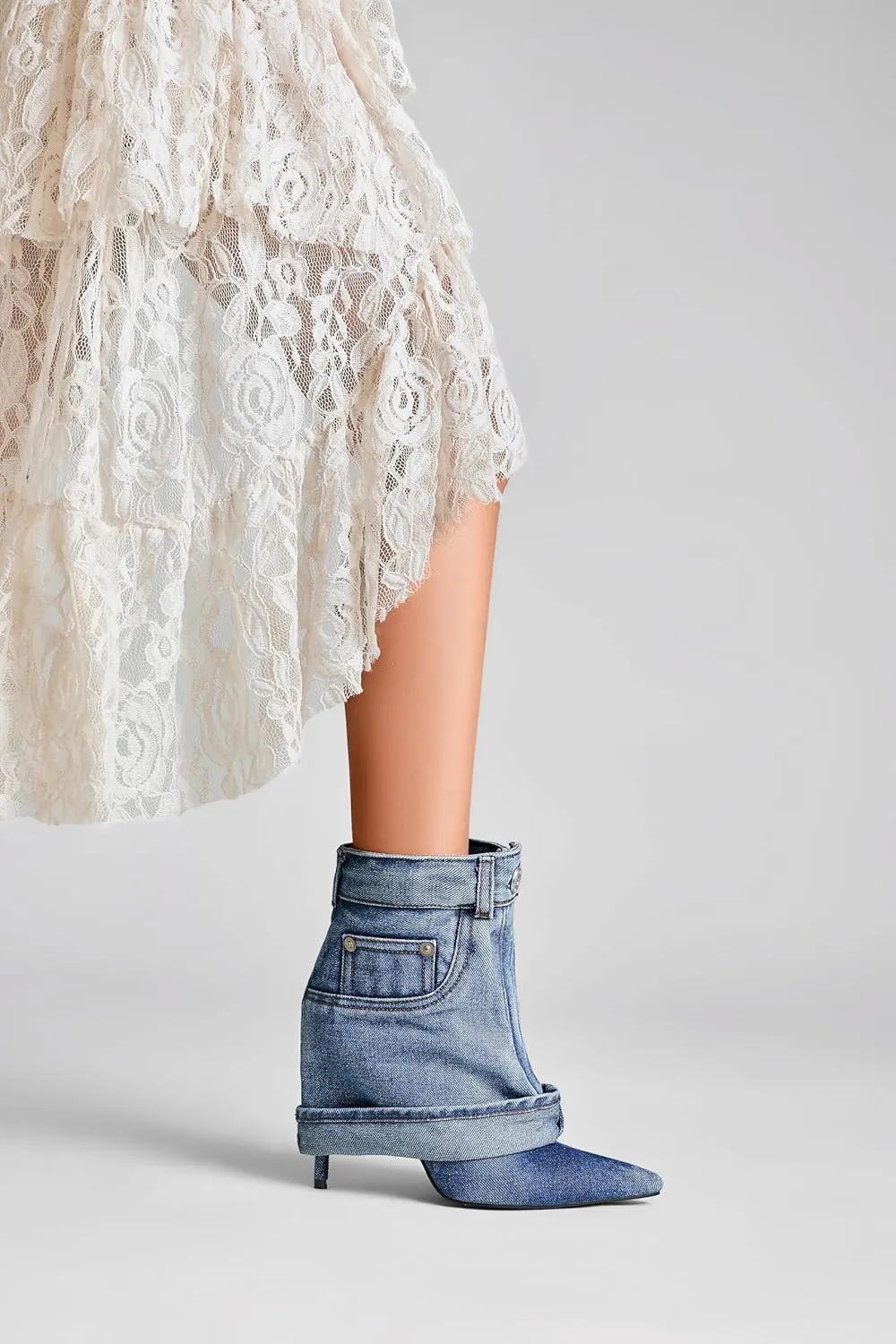 Pointed Toe Fine Stiletto High Heel Ankle Denim Booties for women Fold Over Ankle Short Jean Boots Fashion Women's Shoes