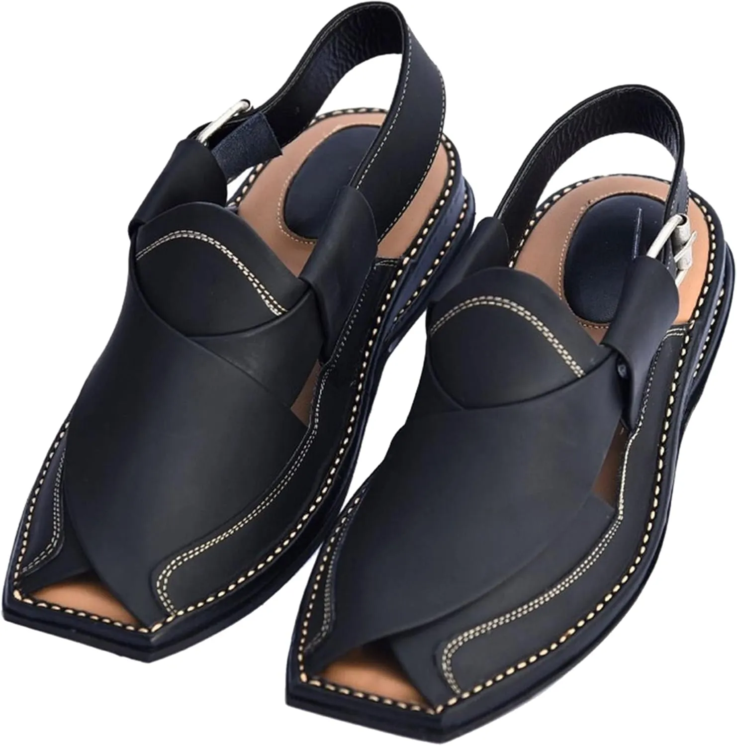 Premium Men's Black Genuine Cowhide Leather Sandals - Comfortable Double Sole Summer Footwear