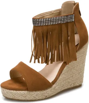 Purubylley Womens Espadrille Rhinestones Wedge Sandals Ankle Strap Platform Sandals Open Toe Tassels Wedges Lace Up Summer Casual Dress Shoes
