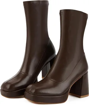 Putu Platform Boots for Women,GoGo Boots,Square Toe Sock Boots Chunky Heel Ankle Boots Pull on Booties