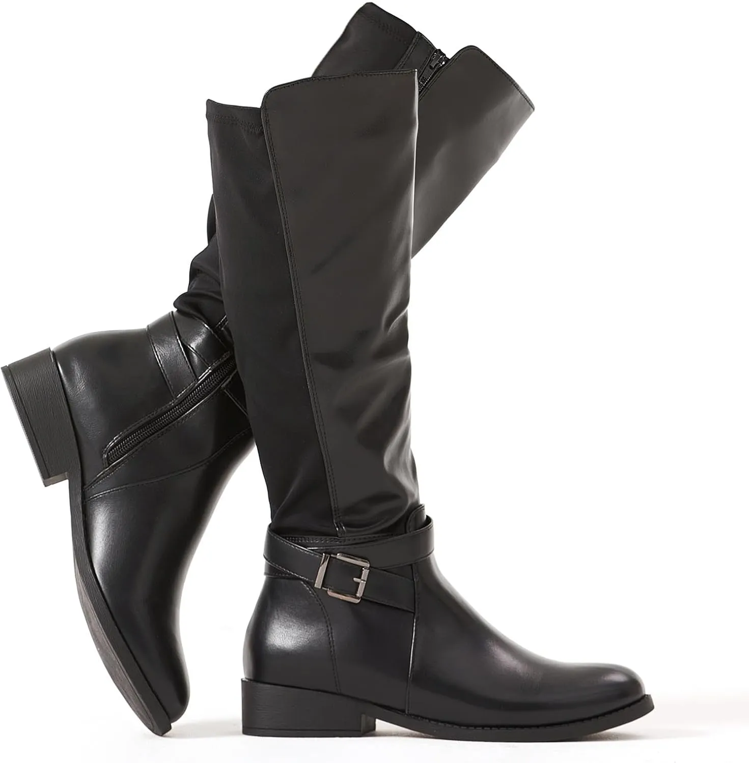 Putu Women's Knee High Riding Boots Flat Heel Tall Boots Round Toe Boots with Buckle Straps