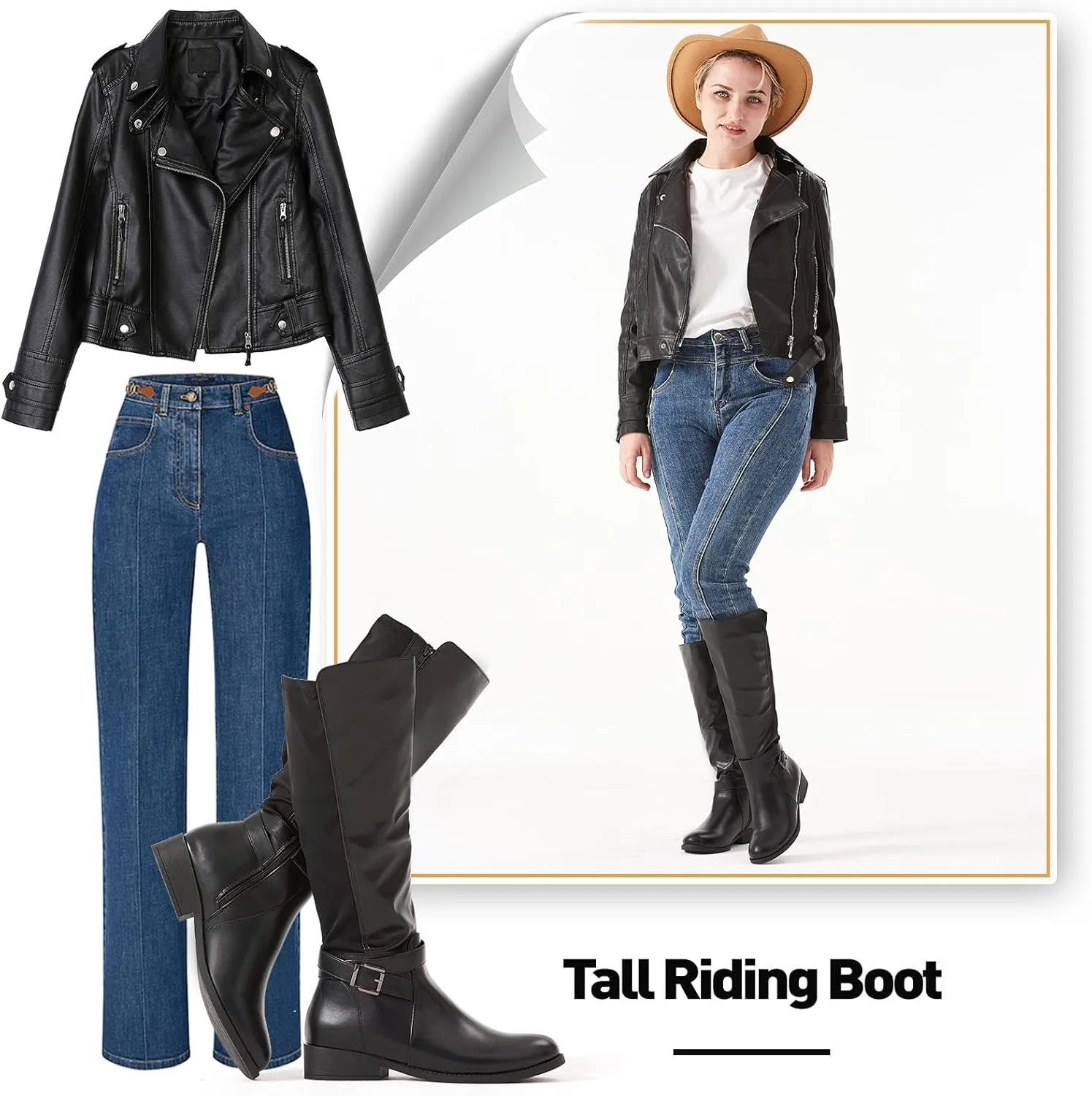 Putu Women's Knee High Riding Boots Flat Heel Tall Boots Round Toe Boots with Buckle Straps