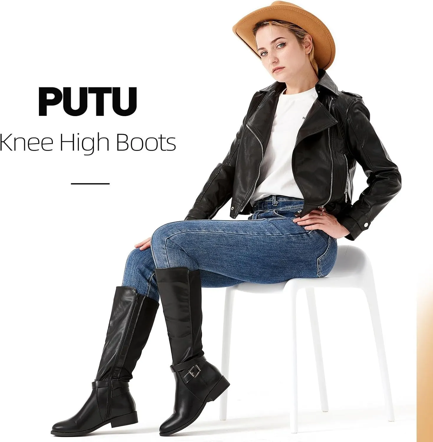 Putu Women's Knee High Riding Boots Flat Heel Tall Boots Round Toe Boots with Buckle Straps