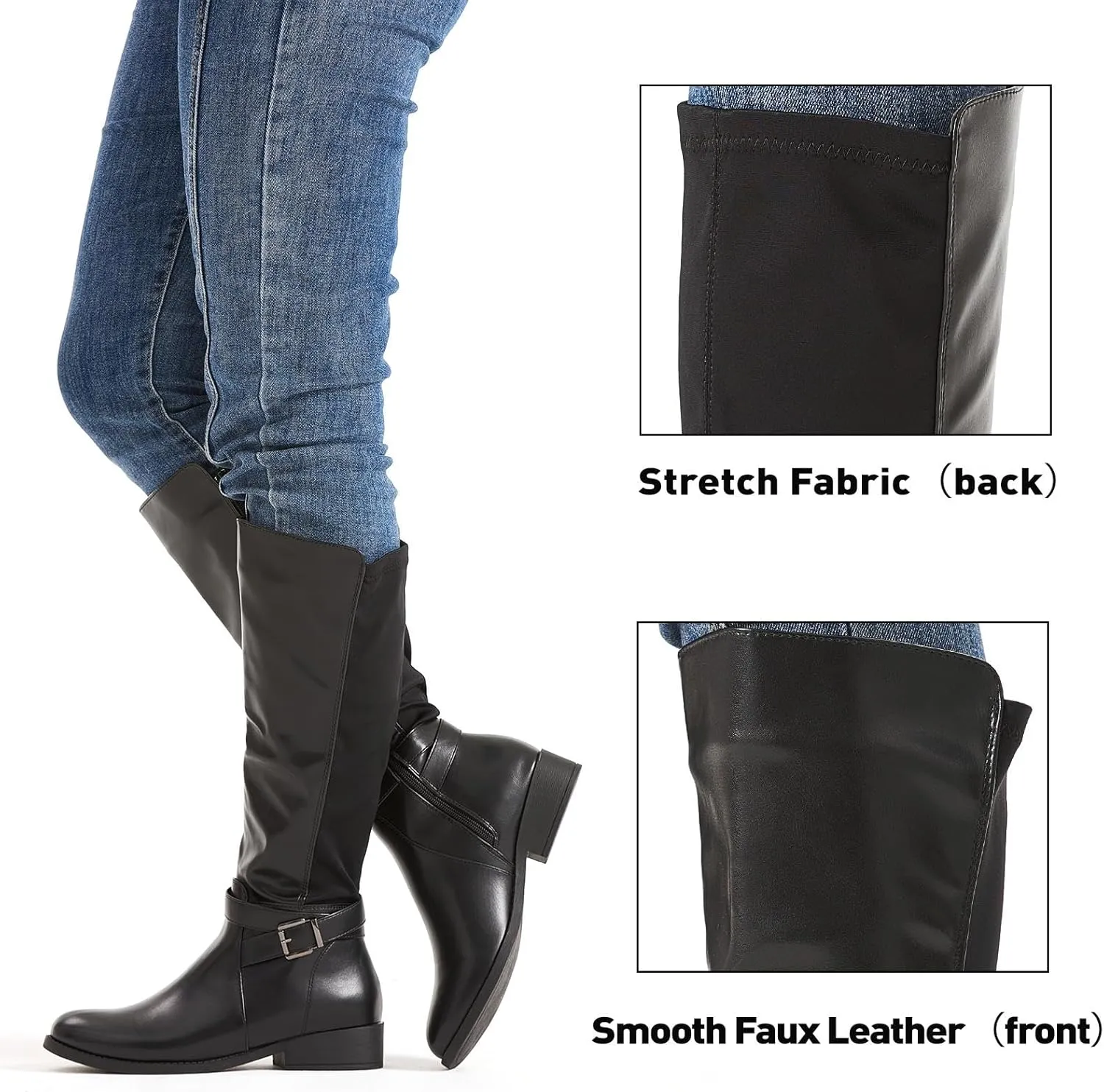 Putu Women's Knee High Riding Boots Flat Heel Tall Boots Round Toe Boots with Buckle Straps