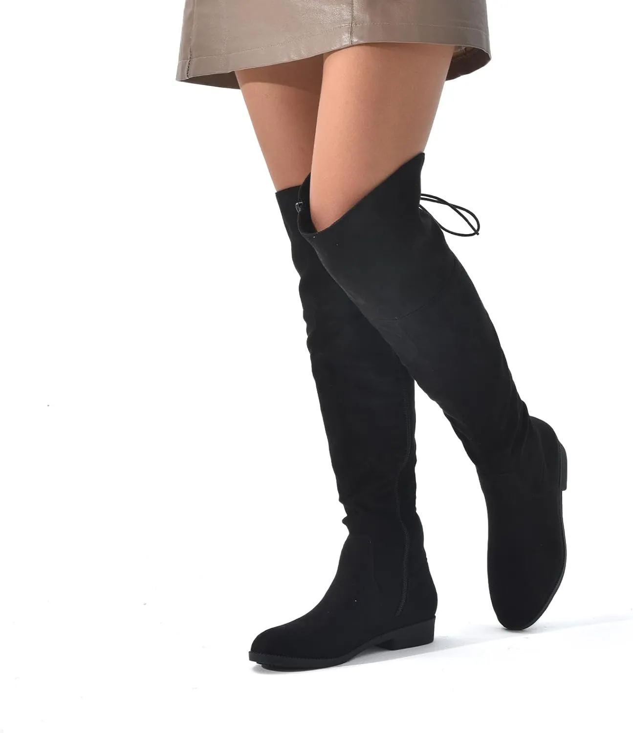 Putu Women's Low Flat Heel Thigh High Boots Faux Suede Boots Over the Knee Sexy Boots with Back Lace up