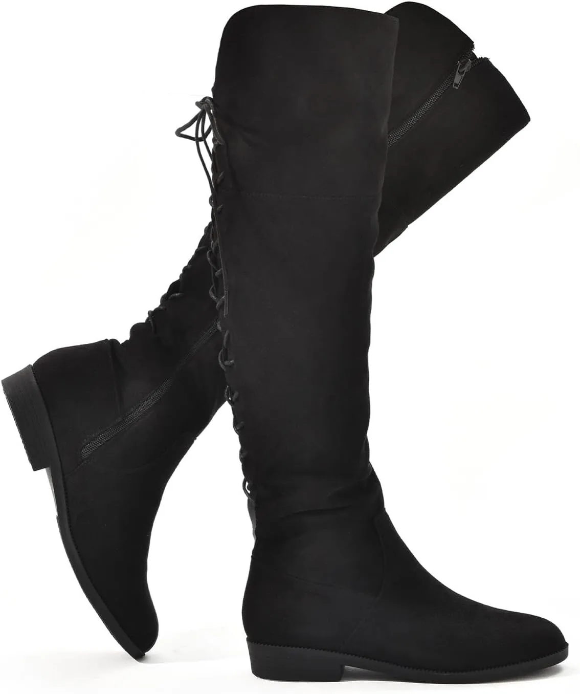 Putu Women's Low Flat Heel Thigh High Boots Faux Suede Boots Over the Knee Sexy Boots with Back Lace up