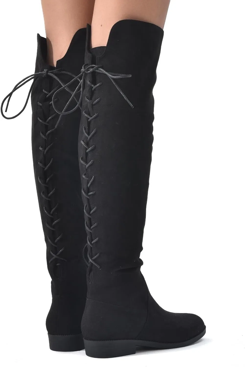 Putu Women's Low Flat Heel Thigh High Boots Faux Suede Boots Over the Knee Sexy Boots with Back Lace up