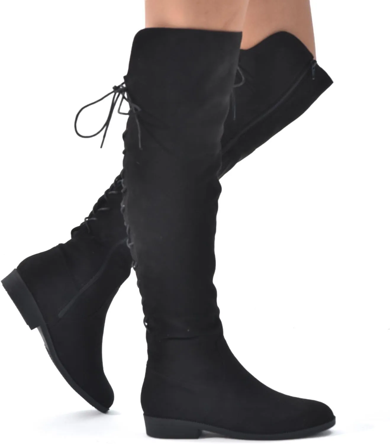 Putu Women's Low Flat Heel Thigh High Boots Faux Suede Boots Over the Knee Sexy Boots with Back Lace up