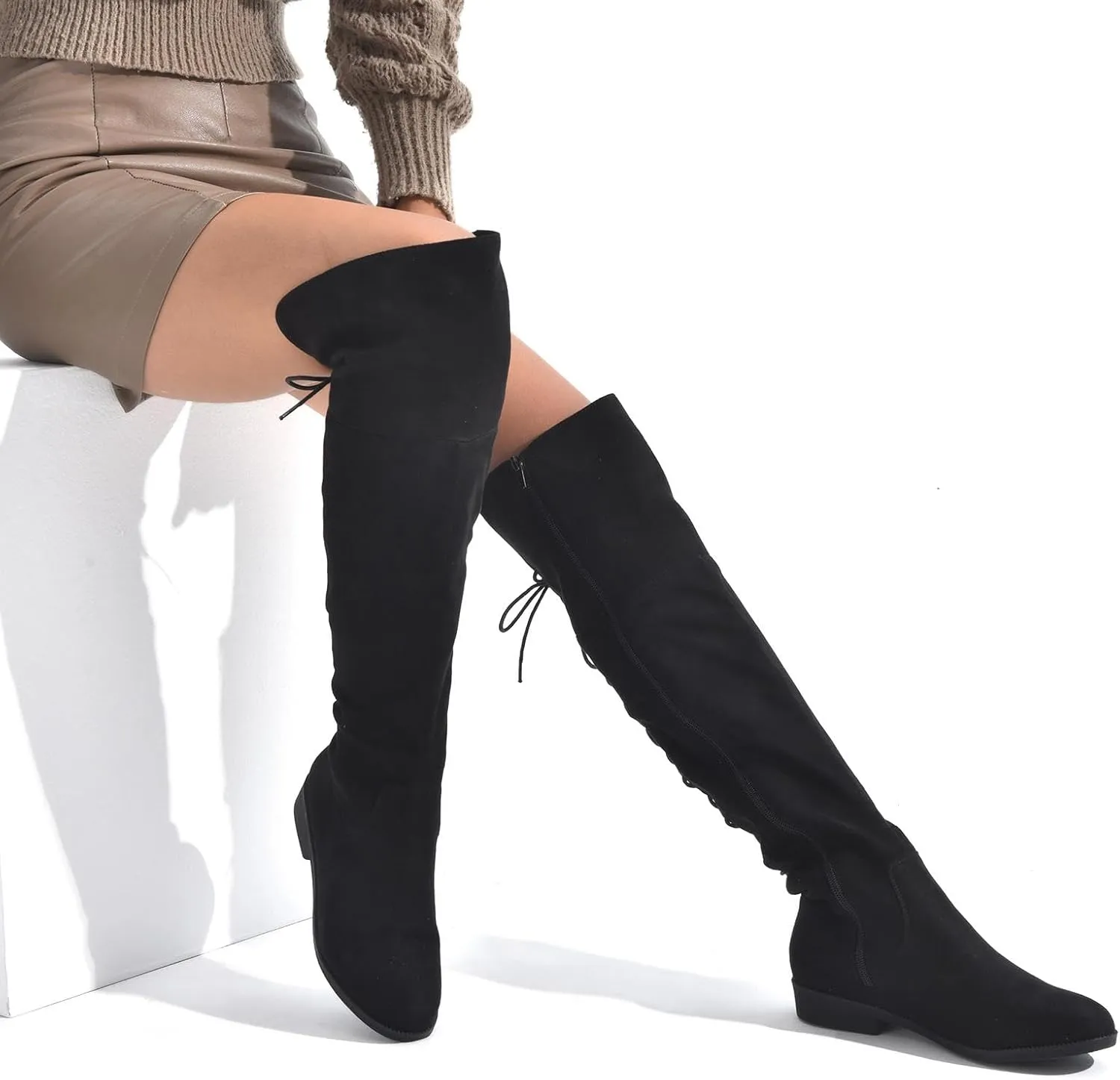 Putu Women's Low Flat Heel Thigh High Boots Faux Suede Boots Over the Knee Sexy Boots with Back Lace up