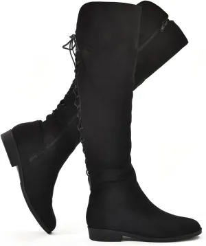 Putu Women's Low Flat Heel Thigh High Boots Faux Suede Boots Over the Knee Sexy Boots with Back Lace up