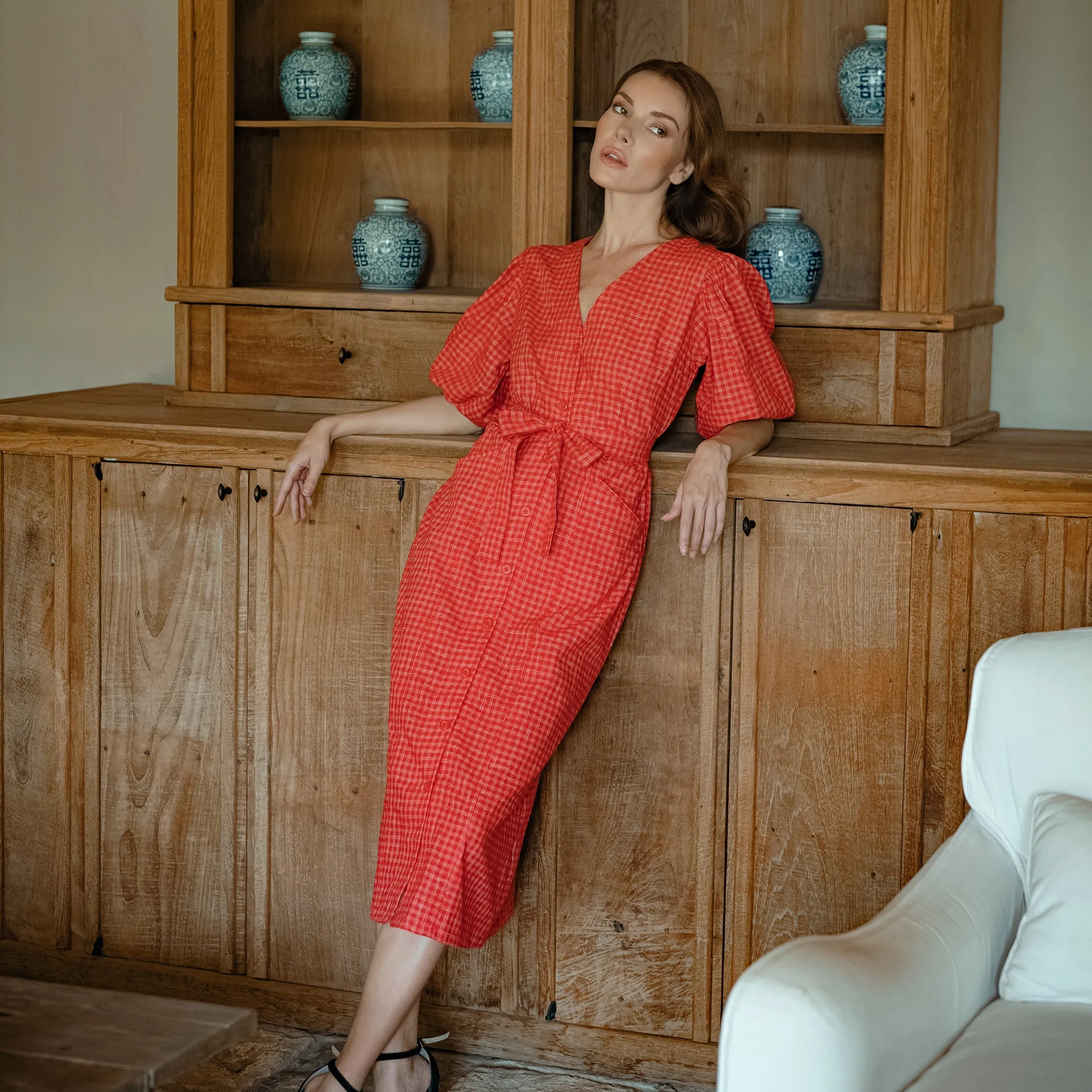 Red Dress Midi Discounted Scarlet Hemp MEGHAN In Gingham Loved by customers