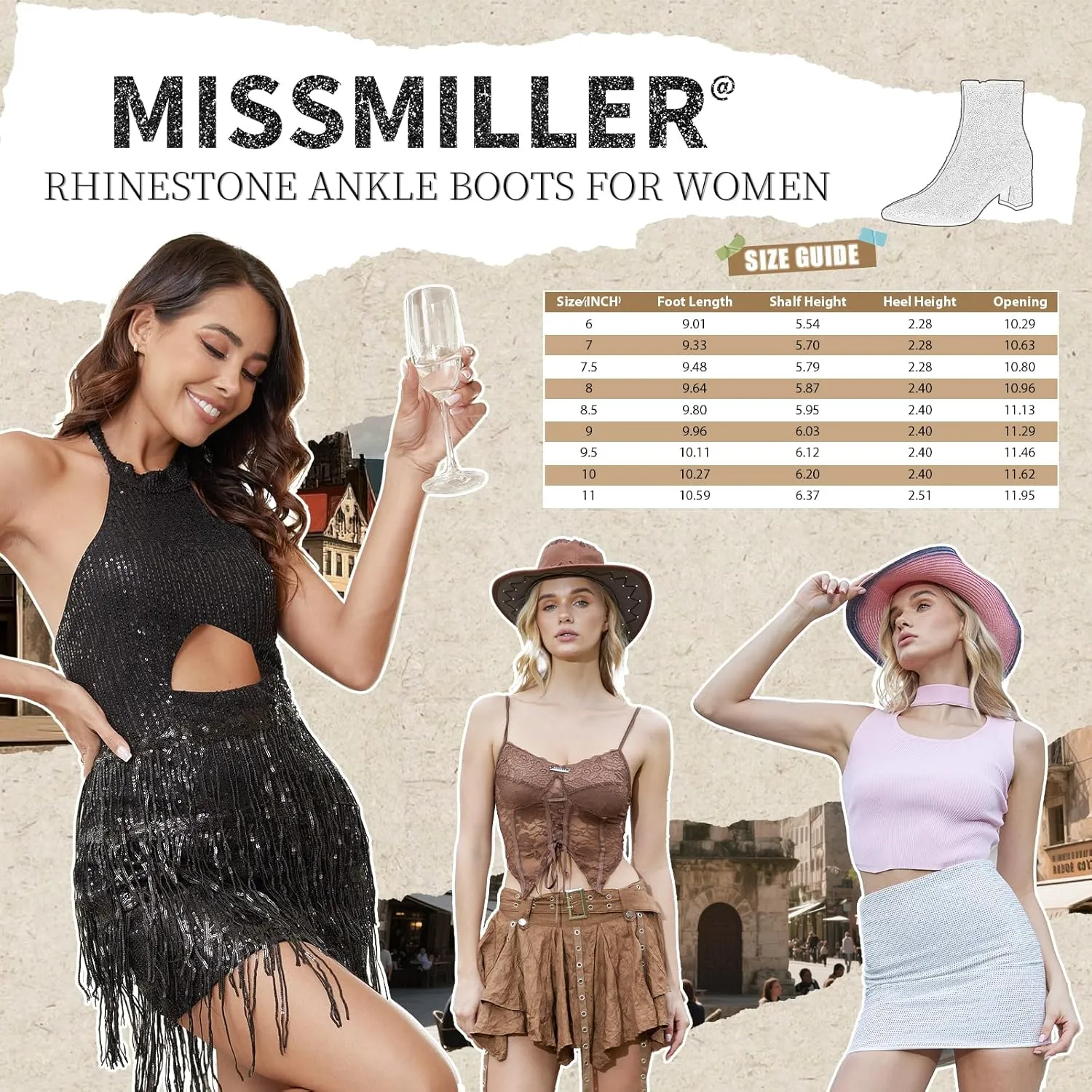 Rhinestone Boots for Women Sparkly Cowgirl Boots Pointed Toe Chunky Heels Rhinestone Cowboy Boots