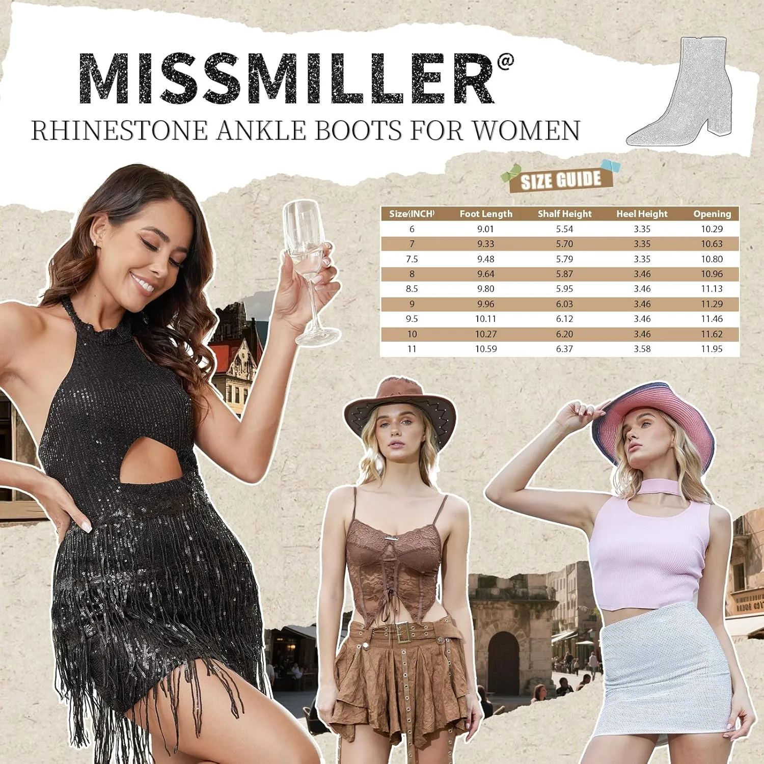 Rhinestone Boots for Women Sparkly Cowgirl Boots Pointed Toe Chunky Heels Rhinestone Cowboy Boots