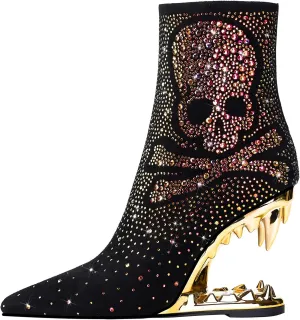 Rhinestone Sparkling Ankle Boots for Women Flame Shark Teeth Heel Booties Tiger Tooth High Heeled Glitter Boots