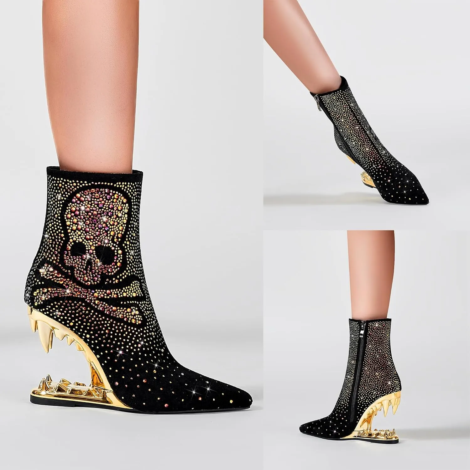 Rhinestone Sparkling Ankle Boots for Women Flame Shark Teeth Heel Booties Tiger Tooth High Heeled Glitter Boots